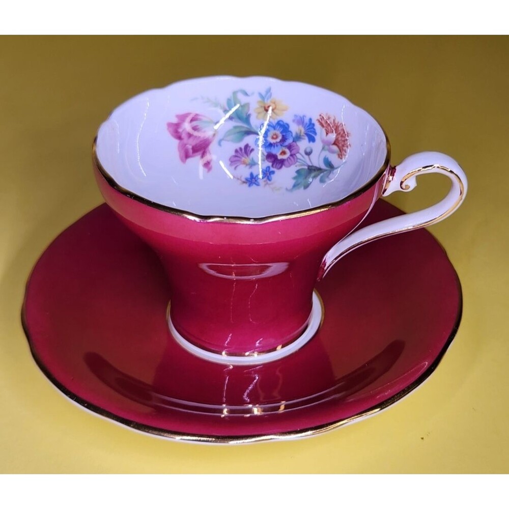 Aynsley Cabbage Rose Floral Corset Tea Cup & Saucer Set Maroon Red C332 Enamel